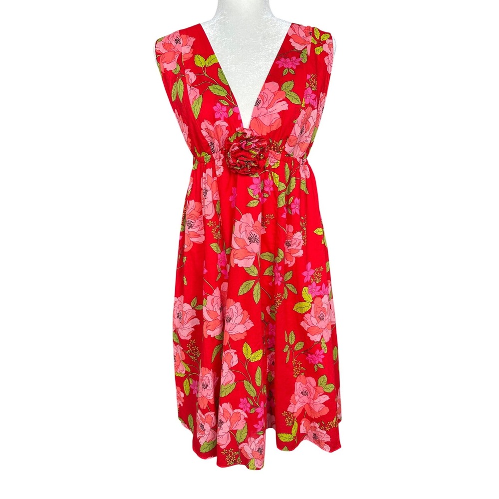 J.Crew Womens Floral Organic Cotton V Neck Sun Dress Red Large Summer Resort - Picture 2 of 11